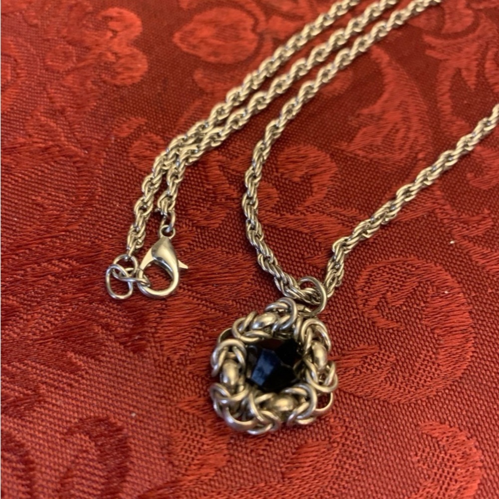 Necklace Chainmail pendant w/ Black Stone on a Rope Chain